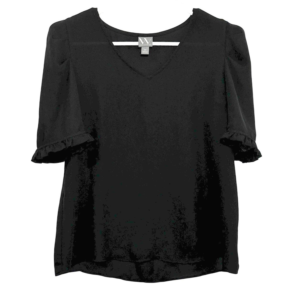 Worthington Black Puff Sleeve‎ Ruffle Cuff V-Neck Blouse XS